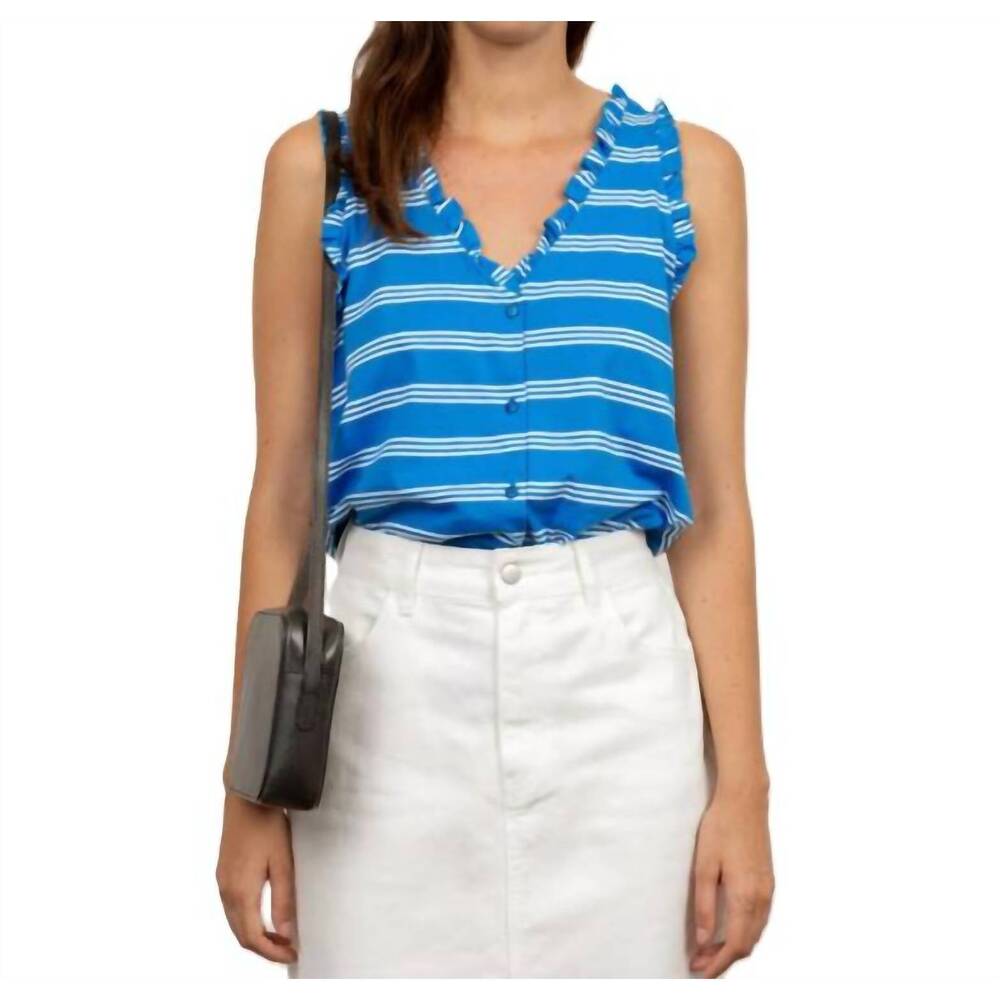 NEW THE TINY BIG SISTER frilled sleeveless top in stripes lapis/off-white